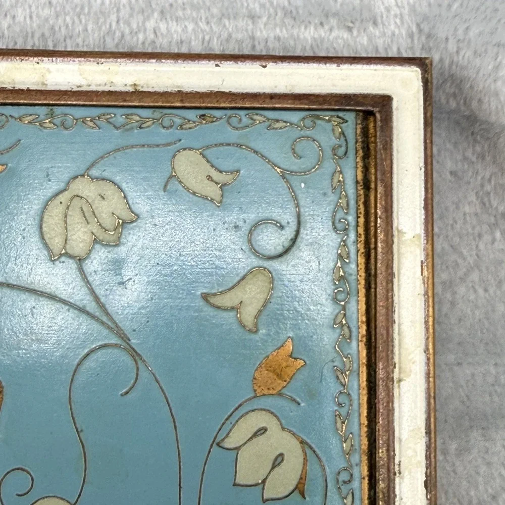 Vintage Cloisonne Enamel‎ Compact Gold Tone Blue Flowers